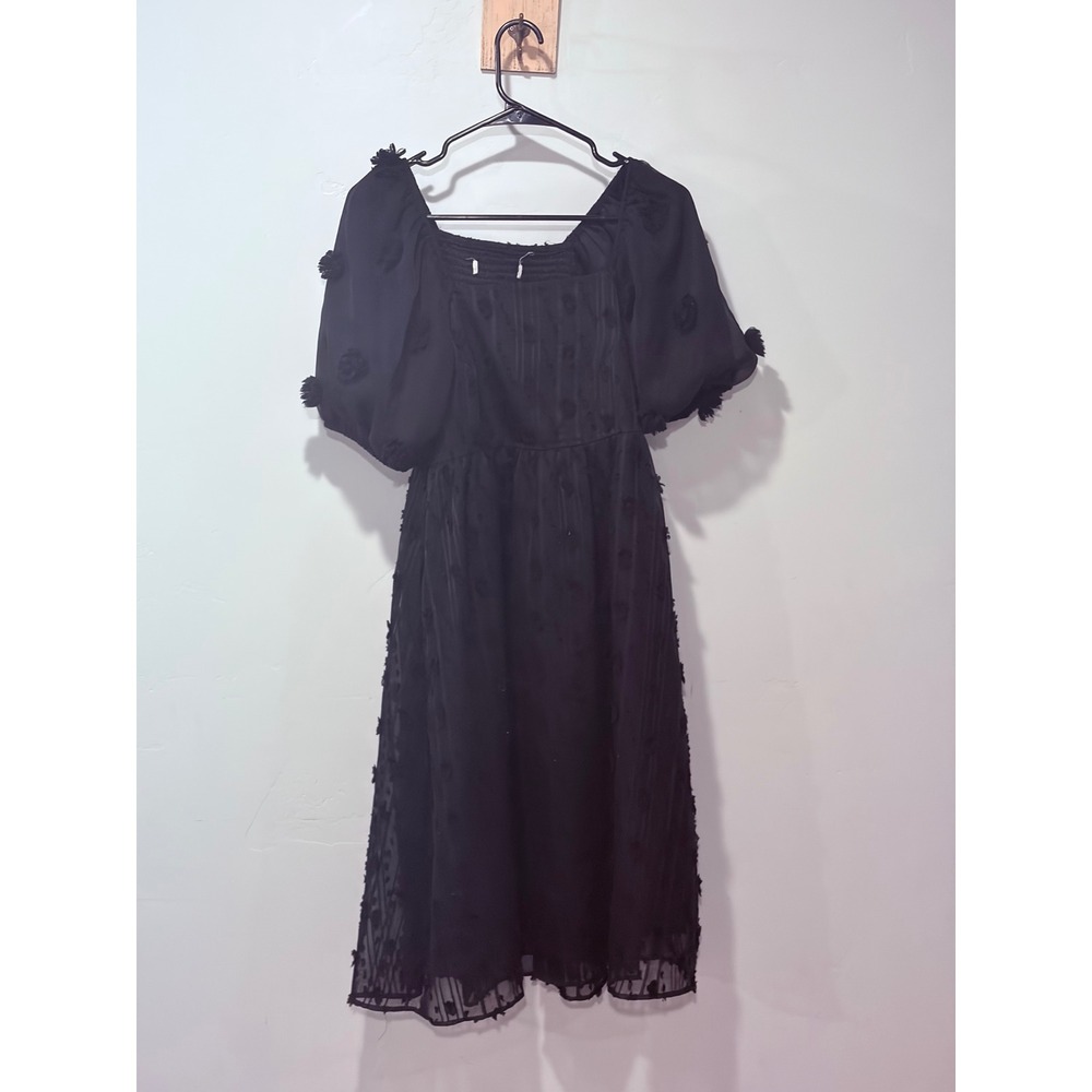Black Swiss Dot Puff Sleeve Midi Dress Smocked Back Square Neck Small PSD4386
